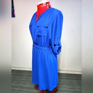 Mossimo Blue Chiffon Long Roll Tab Sleeve V-Neck Belted A-line Dress Size Large